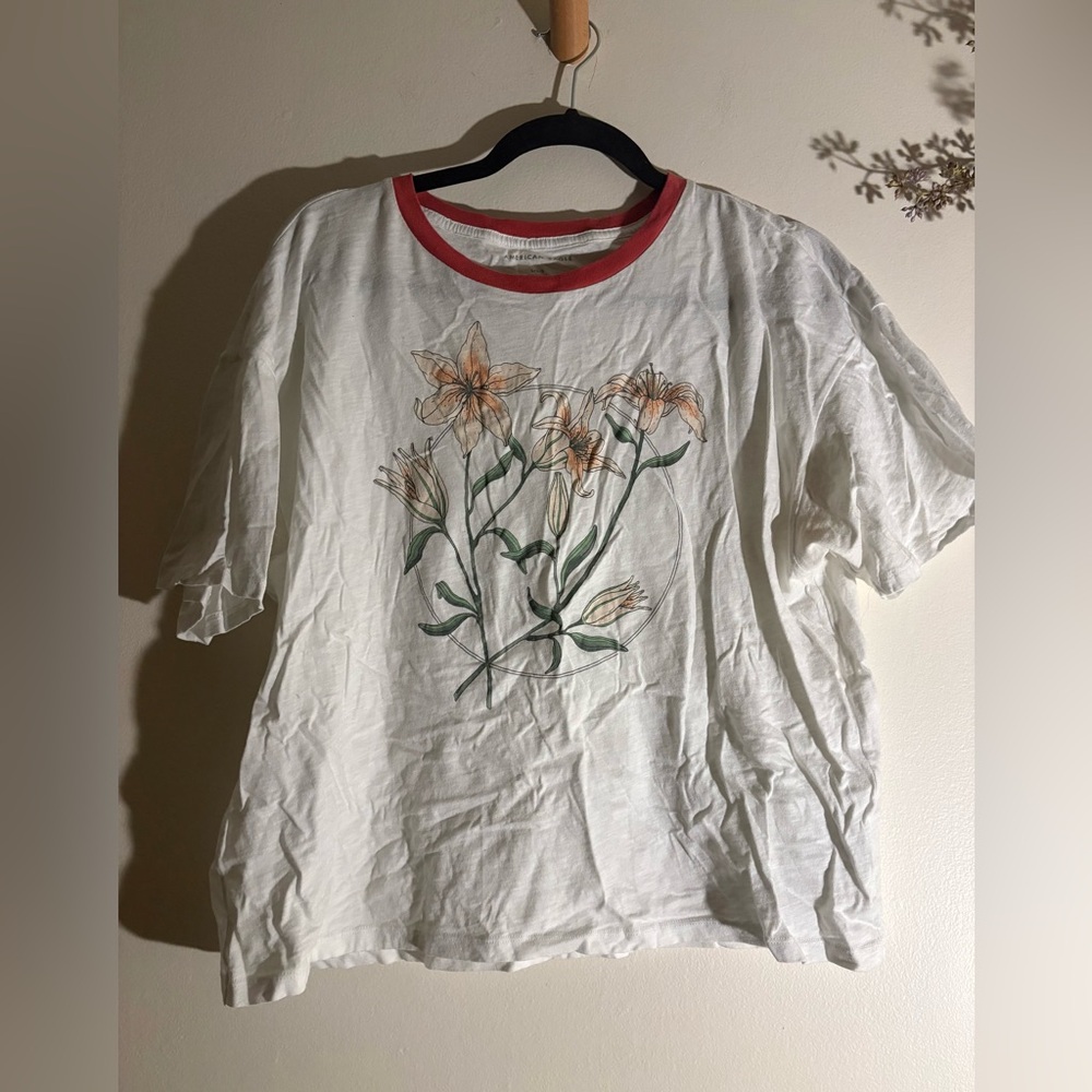 American Eagle Floral Graphic Ringer Tee White Pink 100% Cotton Boxy Crop Large